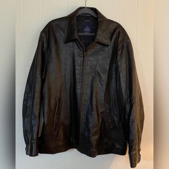 Nautica Jacket Men’s XL Black Leather Soft Wool Blend Lining Full Zip Winter